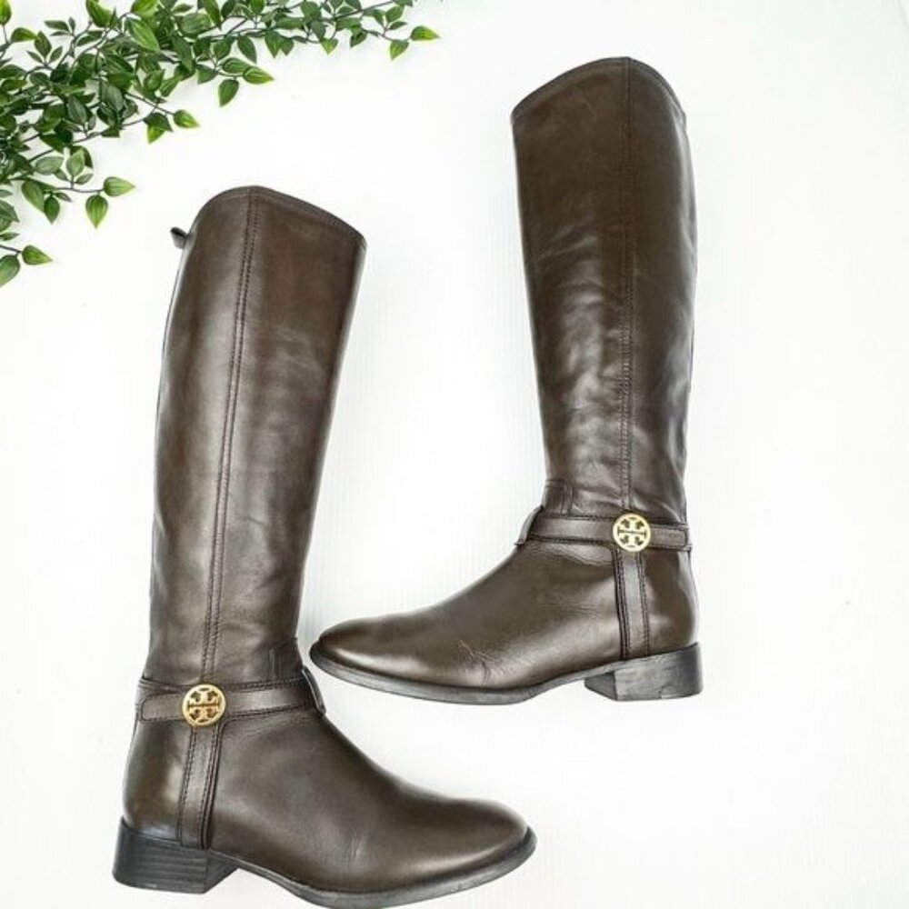 Tory Burch Bristol Brown Coconut Gold Leather Riding Boots Tall Size 8.5